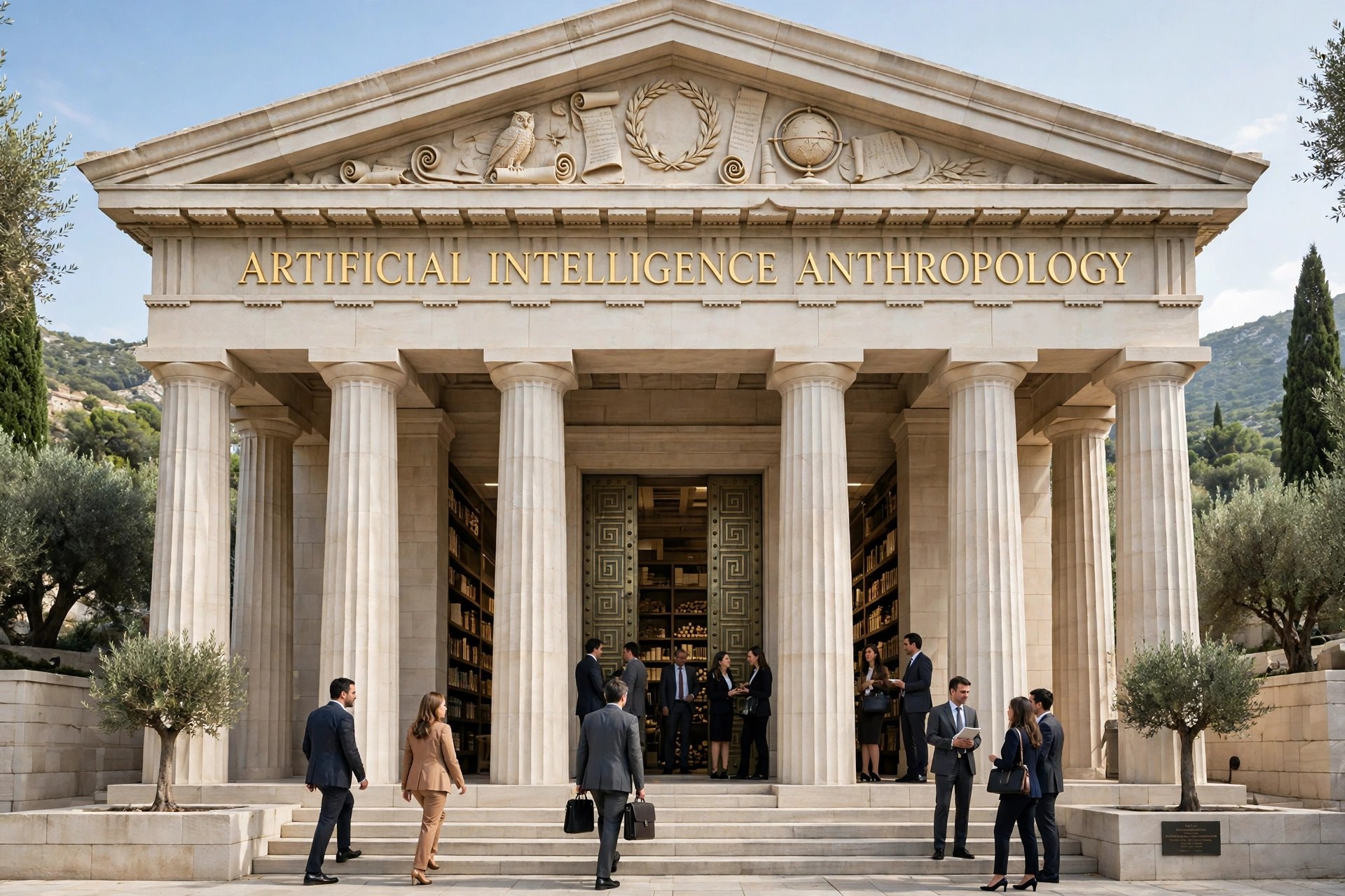 The Institute's library — a marble temple lettered Artificial Intelligence Anthropology, its shelves visible through the doors