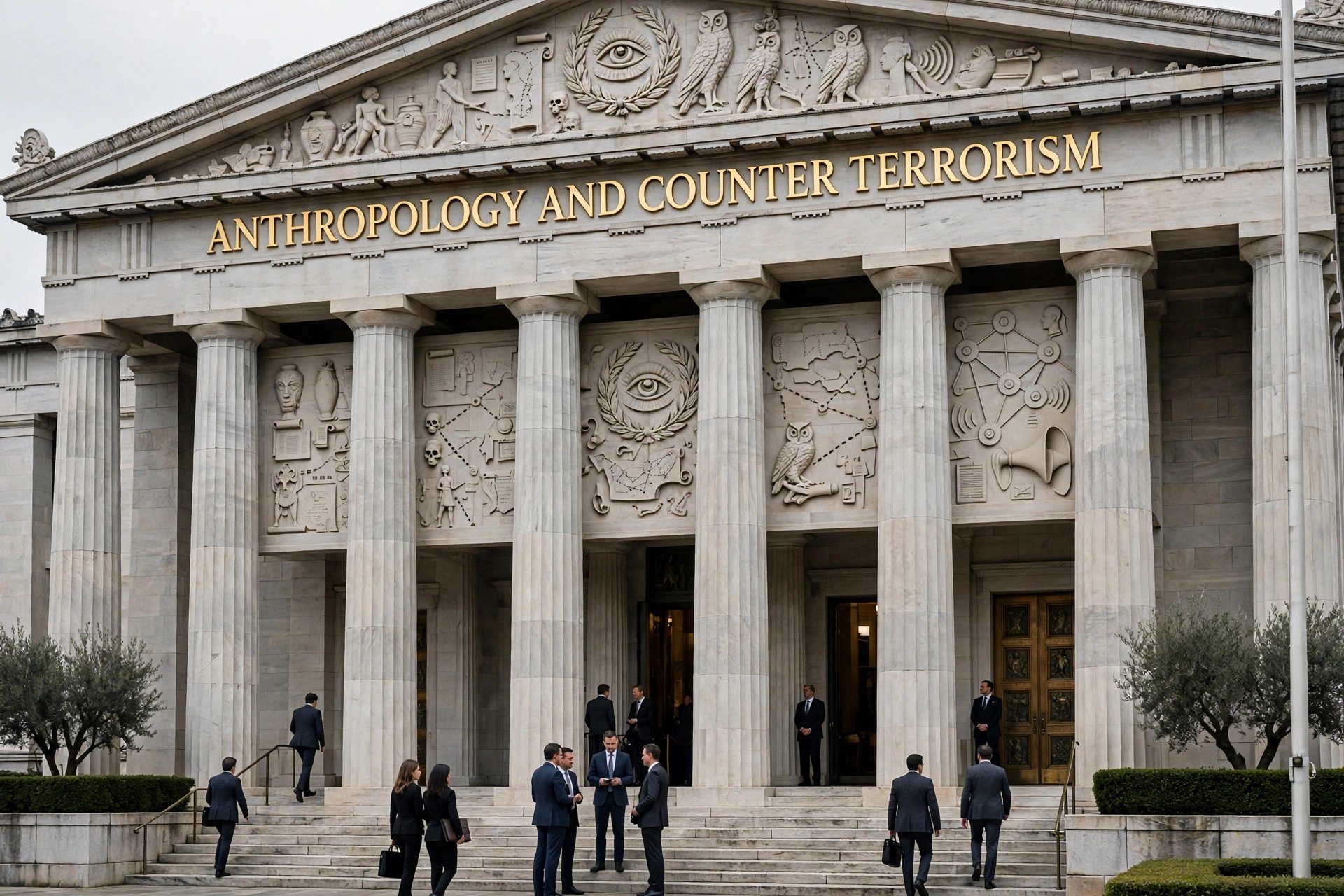 The Institute's counter-terrorism hall — a marble temple lettered Anthropology and Counter Terrorism