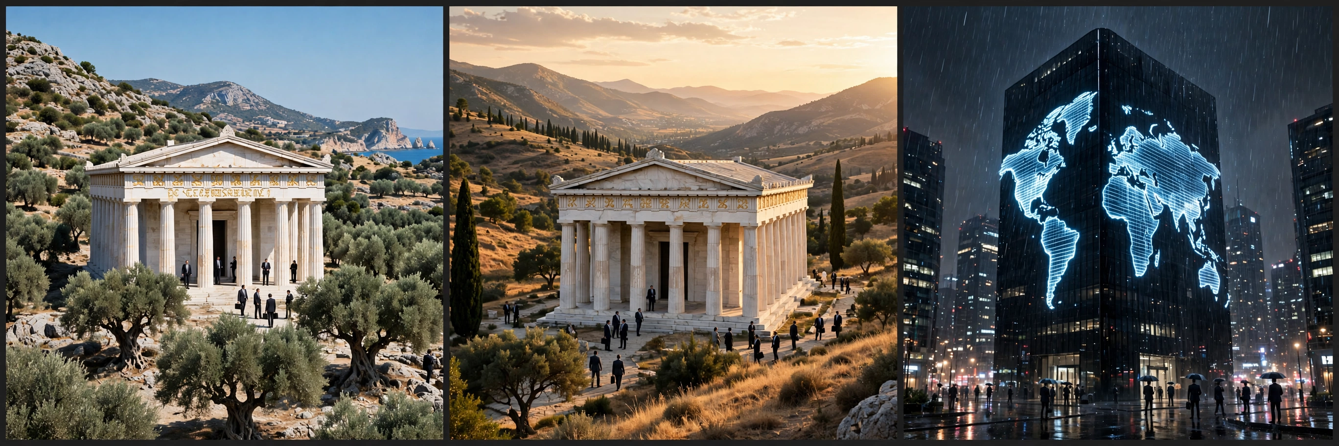 The Institute worldwide — two marble temples in the hills and a tower carrying a lit world map at night